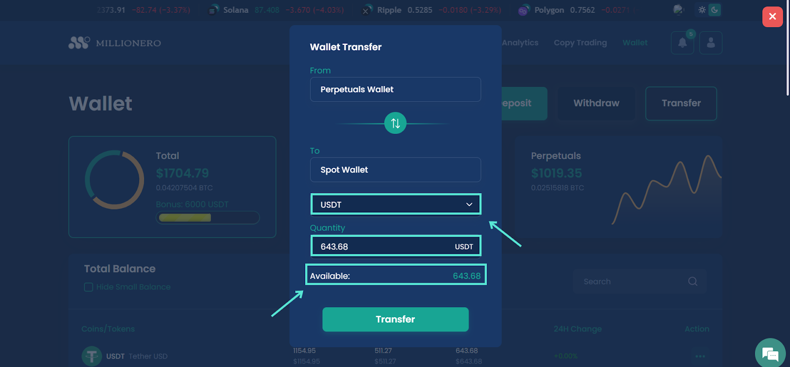 Transfer your funds for crypto withdrawals after crypto trading on Millionero