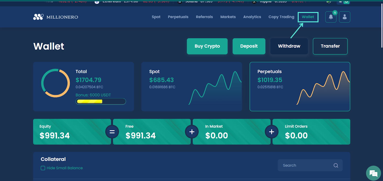 crypto trading on Millionero: Choose the wallet section 