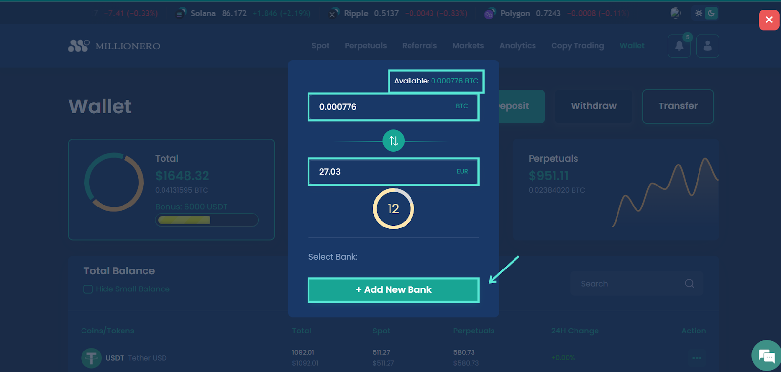 Withdraw your crypto as fiat after crypto trading on Millionero