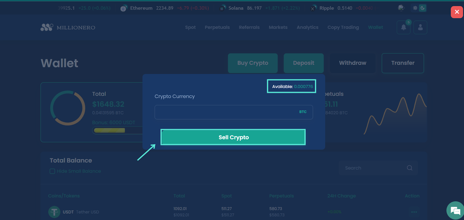 Choose Transak for withdrawals after crypto trading on Millionero