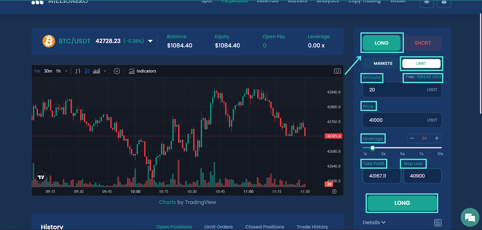 Long-limit orders to trade crypto on Millionero
