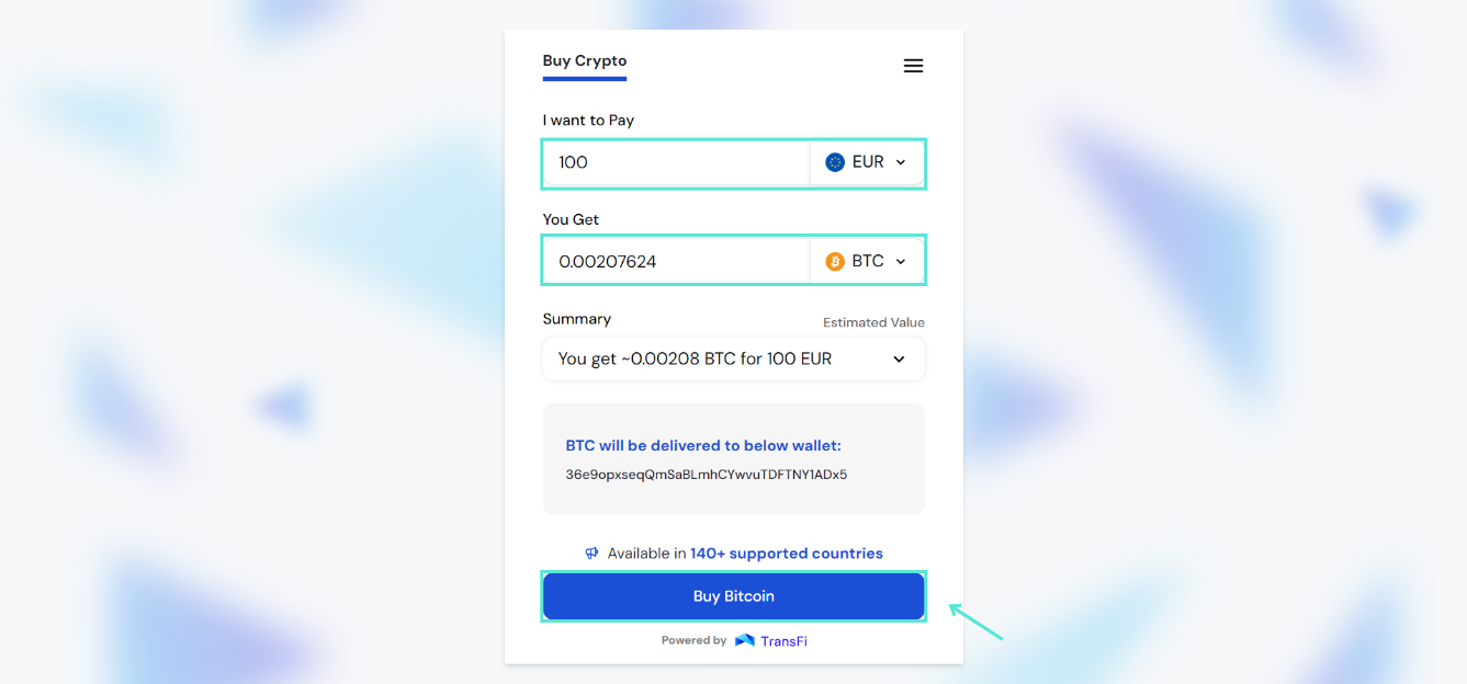 Deposit cryptocurrency on Millionero: Transfi 