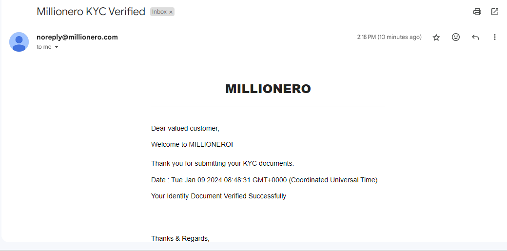 You will receive a confirmation after completing KYC on Millionero 