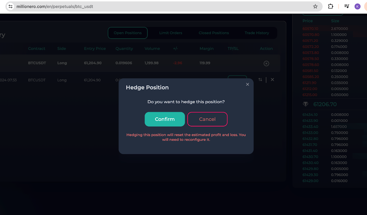 Confirm to hedge open position on Millionero