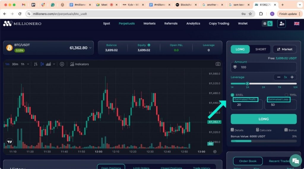 Set EP & EL to trade perpetual contracts on Millionero