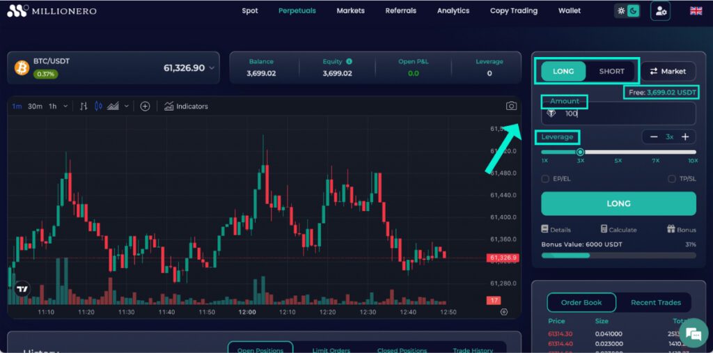 Select ‘Long’ or ‘Short” Market orders to trade perpetual contracts on Millionero