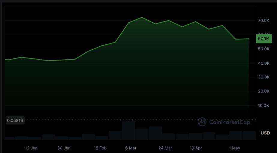 Bitcoin price from January to May 2024. 