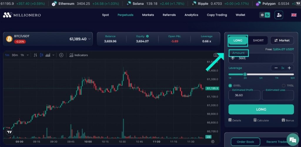 Open new position to trade perpetual contracts on Millionero