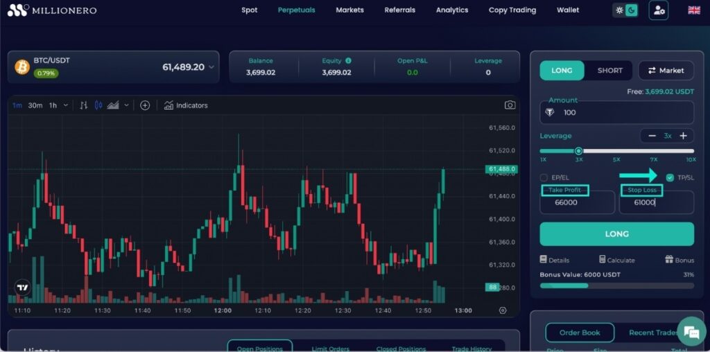 Set SL & TP to trade perpetual contracts on Millionero